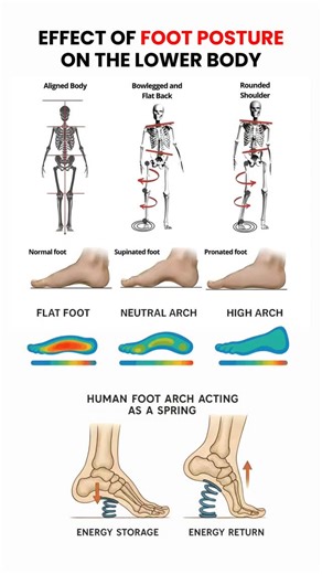 Flexifyme Physiotherapy & Pain Management on Instagram: "Your feet are not just for standing or walking. They are the foundation of your entire body. Every time your foot touches the ground, it decides how force travels upward through your ankle, knee, hip, pelvis, and spine. A neutral foot arch acts like a spring. It absorbs shock, stores energy, and returns it efficiently during movement. A flat or pronated foot collapses inward. This causes excessive internal rotation of the leg, which can st