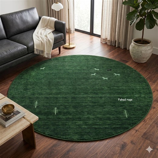 Emerald Green Round Gabbeh Rug | Handloom Wool Area Rug With Minimalist Animal & Tree Motifs | Boho Forest Floor Mat - Etsy