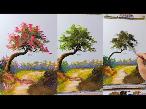 How to Paint a Spring Tree with Blooming Flowers by the Road | Sunlight Landscape Art