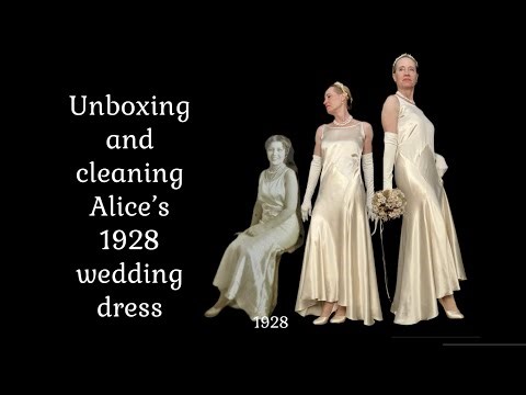 A yellowed and stained 1928 satin wedding dress is cleaned and wearable once again.