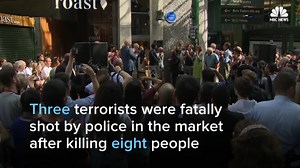 Borough Market reopens after the London Bridge terror attack.Traders held a minute’s silence to pay tribute to the eight victims of the terror attack which hit the market and nearby London Bridge. Read more: http://nbcnews.to/2tlzJzp | NBC News