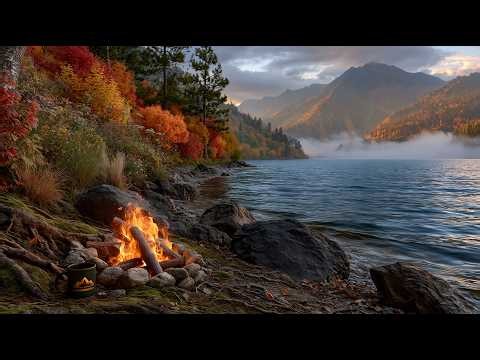 Mountain Lake Nature Sounds in Fall 🍁🌊 Campfire Crackles, Gentle Waves & Autumn Forest