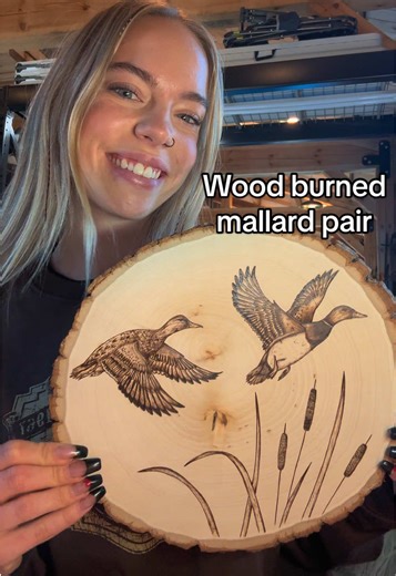 Wood burned mallard ducks on a wood slab🤎 #woodburning #art #fyp #hunting #wildlife