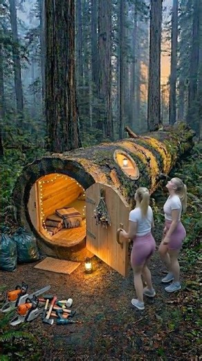 They turned a FALLEN REDWOOD into a cozy cabin 🪵🔥 #bushcraft #survival #satisfying #shorts