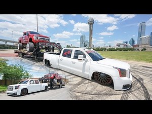 Bagged 2015 GMC Duramax 3500 on 26s towing a F250 on 30x16s down Dallas Texas!
