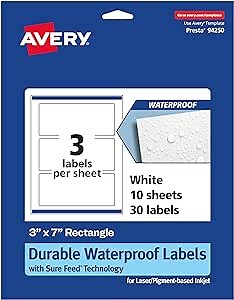 Avery Durable Waterproof Rectangle Labels, Sure Feed Technology, 3" x 7", 30 Total, Oil and Tear-Resistant Waterproof Labels, Print-to-The-Edge, Laser/Pigment-Based Inkjet Printable