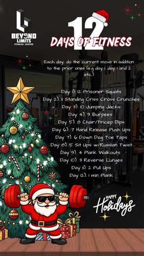Beyond Limits Fitness Centre on Instagram: "✨12 Days of Fitness✨ Stay fit over the holidays. The food will be good and so should you 😉 Instructions: Each day, do the current move in addition to the prior ones (e.g Day 1, Day 1 and Day 2 etc.) Day 1) — 12 Prisoner Squats Day 2) — 11 Standing Criss Cross Crunches Day 3) — 10 Jumping Jacks Day 4) — 9 Burpees Day 5) — 8 Chair/Tricep Dips Day 6) — 7 Hand Release Push Ups Day 7) — 6 Down Dog Toe Taps Day 8) — 5 Sit Up w/ Russian Twist Day 9) — 4 Plan