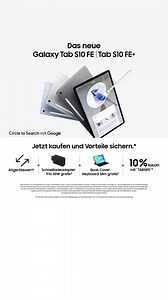 Jetzt das neue Galaxy Tab S10 FE | Tab S10 FE kaufen und bis zu 480 € Eintauschbonus sowie den Schnellladeadapter Trio 65 Watt und das Book Cover Keyboard Slim gratis sichern.* *Nur bis 28.4.2025. Aktionsmodelle und Teilnahmebedingungen auf der Aktionsseite. Angezeigter Ankaufswert nur gültig bei gleichzeitigem Eintausch eines funktionstüchtigen Galaxy Tab S10 Plus 5G I 512 GB. Nur im Samsung Online Shop und in der Samsung Shop App. | Samsung