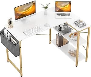 Homieasy Small L Shaped Computer Desk, 47 Inch L-Shaped Corner Desk with Reversible Storage Shelves for Home Office Workstation, Modern Simple Style Writing Desk Table with Storage Bag(White B)