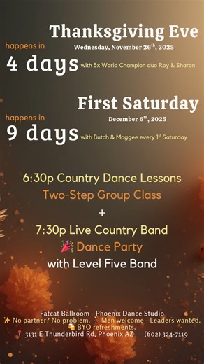 Looking for a real plan for Thanksgiving Eve? 🤠🎵 This Thursday (11/26), we’re running a live country band night with a Two-Step lesson at 6:30pm, followed by country dancing and a full-room social floor. It’s beginner-friendly, lively, and one of the easiest ways to jump into Country Two-Step before the holiday weekend. 🌵🎶 Grab your ticket here ⬇️ https://www.fatcatballroom.com/event-details-registration/thanksgiving-eve-2025-live-country-band-two-step-lessons-thu-11-26-630pm-phoenix find ou