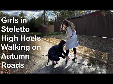 Two girls in Stiletto high heels walking with a straps down, slingback walking, shoeplay (# 1335)