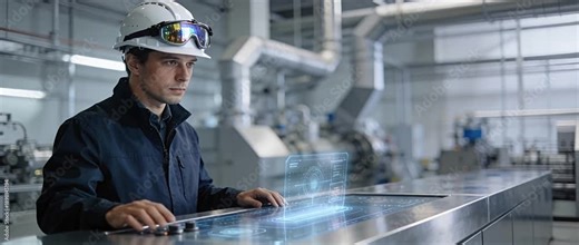 Industrial engineer in smart factory wearing safety helmet and protective eyewear uses augmented reality hologram control panel interface to monitor automation machine for predictive maintenance