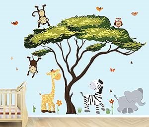 African Tree, Safari Pride Jungle Tree Wall Decals, Jungle Stickers with Green Leaves