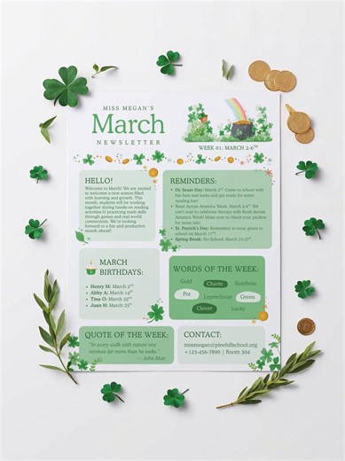 Classroom March Monthly Newsletter Canva Template | Editable Teacher PTA Printable School Newsletter | St. Patrick's Day Letter - Etsy