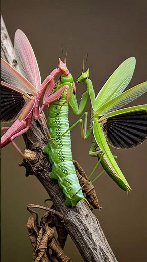 Battle of two Mantises fighting for prey #mantis #insects #nature #mantishunt #mantisesfighting
