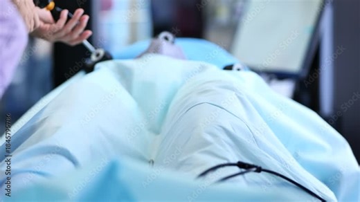 Hand of doctor reassuring patient under surgical drape in operating theater
