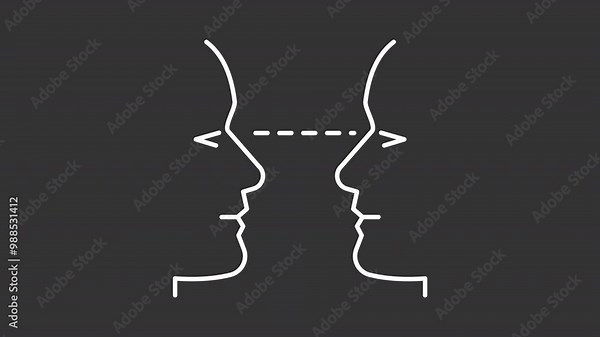 Eye contact white line animation. Nonverbal communication animated icon. Opening eyes, moving line. People interaction. Isolated illustration on dark background. Transition alpha video. Motion graphic