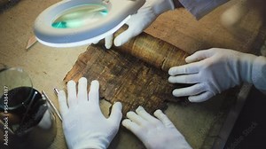 Close up of two archaeologists in gloves carefully opening ancient Egyptian papyrus on table in archaeological lab. Scientists work with cultural heritage of extinct human civilization. Archaeology.