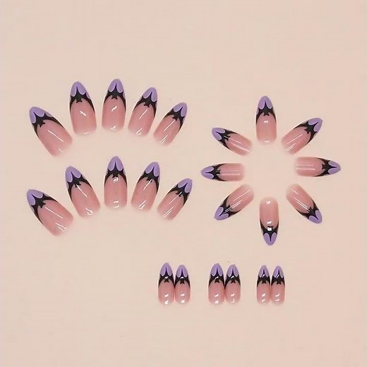👻💜Purple Halloween Almond Press-On Nails | Bat French Tips🦇