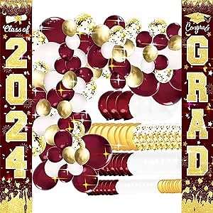 Graduation Party Decorations Maroon Gold 2024/Burgundy Gold Graduation Decorations Maroon Gold Balloons 131pcs Maroon 2024 Congrats Grad Porch Sign Maroon Gold Graduation Decorations