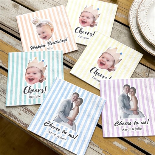 Custom Photo Birthday Napkins With Name | Personalized Cheers Napkins | Striped Baby Shower Cocktail Napkins - Etsy