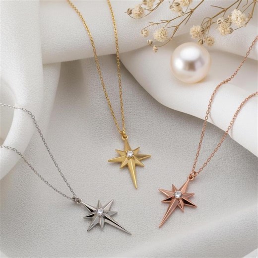 North Star Necklace, Dainty Starburst Pendant With Diamond, Rose Gold Celestial Jewelry, Graduation Gift for Her, New Beginnings Gift - Etsy