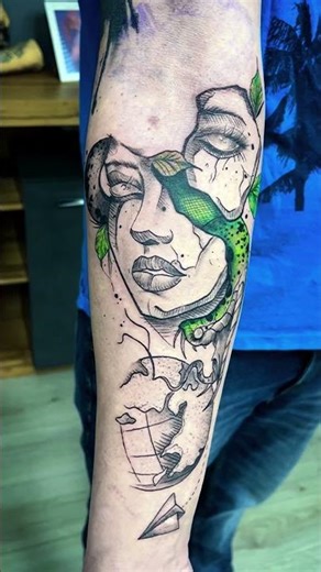 Abstract Statue & Snake Tattoo 🐍🗿 | Green Black White | Old Dragon Ink