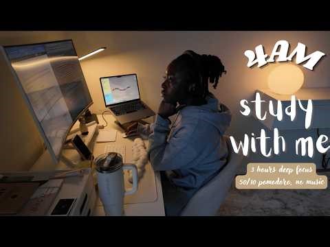 4AM Study With Me (3 Hours) | Real-Time Focused Study Session Before Class | Pomodoro