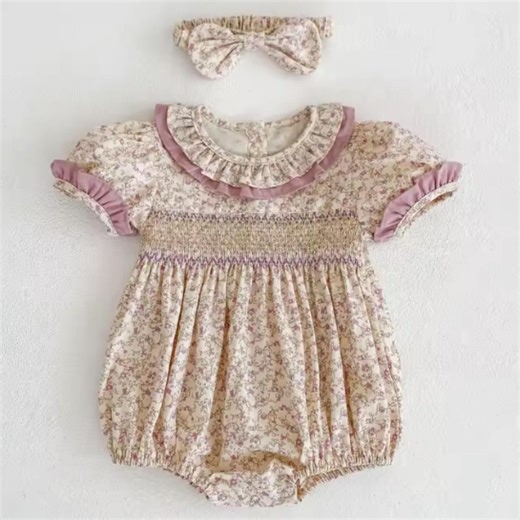 Vintage Floral Smocked Baby Romper, Ruffle Collar Spring Outfit