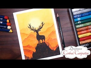 Desenez cu creioane colorate | Peisaj de munte si un cerb