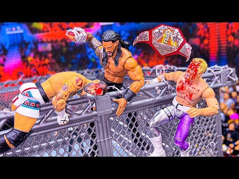 CM Punk vs Roman Reigns vs Cody Rhodes - Barbed Wire Steel Cage Action Figure Match!