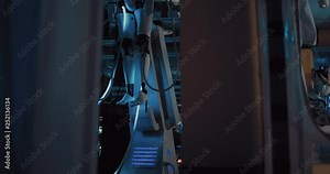 Technical science laboratory of the space station. Scientists are experimenting with an alien. Side span of the camera.