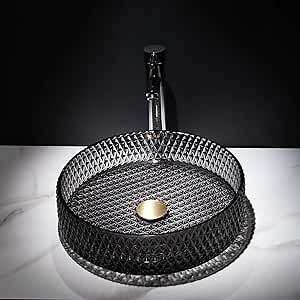 Homary Bathroom Vessel Sink Round Vessel Sink 15.35" x 4.33" Transparent Diamond Shaped Crystal Glass Bathroom Sink Above Counter Black Glass Vessel Sinks for Bathrooms with Pop-up Drain