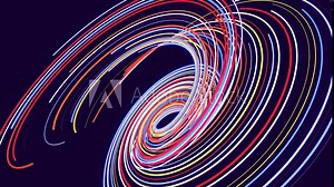 abstract bg with multicolored particles and lines twisted into spirals rotate cyclically. Looped animation as a motion design background of curved lines and particles. Beautiful ribbons. Generative AI