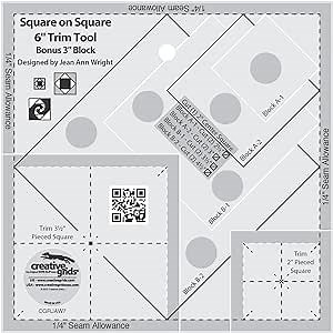 Creative Grids Square on Square Trim Tool Quilt Ruler – CGRJAW7 – Made in USA, 6-1/2in x 6-1/2in, Non-Slip Grip Acrylic Quilting, Sewing, Crafting, Patchwork Ruler & Template