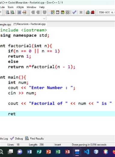 RECURSION - FACTORIAL This program uses a recursive function to compute the factorial of a given integer. It is a classic example for practicing recursion concepts in C .