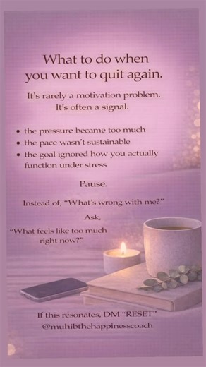 Muhibullah Ghazi Sahibjan on Instagram: "When the urge to quit comes back, most people panic. 💭 They assume: 👉🏻Here we go again. 👉🏻I never follow through. 👉🏻Something is wrong with me. But wanting to quit is rarely a motivation problem. 🚨It’s often a signal. 🚨A signal that: 👉🏻The pressure became too much. 👉🏻The pace wasn’t sustainable. 👉🏻The goal ignored how you actually function under stress. 💭Before quitting everything, pause. 🚫Don’t ask, “What’s wrong with me?” 👍🏻Ask, What 