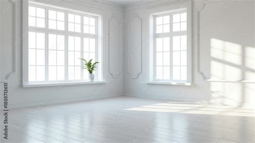Bright and airy empty room with large windows and white walls and floors