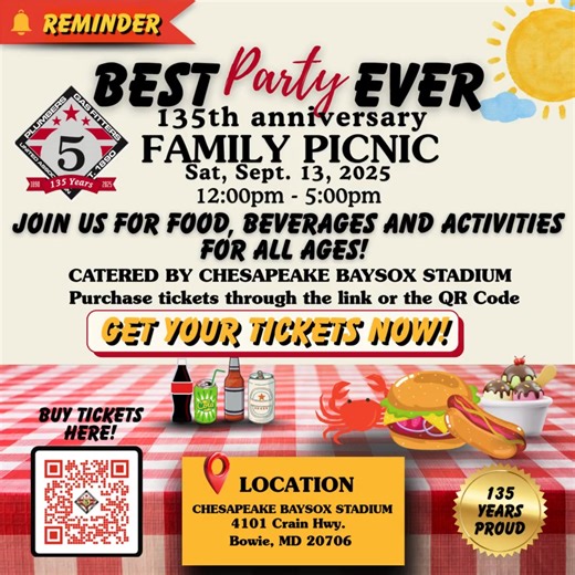 REMINDER : Get your tickets NOW! 🎉 Family, Fun & 135 Years of Excellence! Brothers, sisters, family & friends—mark your calendars! 🗓️ It’s time to celebrate Plumbers Local 5's 135 incredible years of keeping the nation's capital safe and healthy. ➡️Crabs, burgers, hotdogs, ice cream ➡️Games & activities for all ages ➡️A day to honor tradition, hard work & each other! 📅September 13, 2025📍Chesapeake Baysox Stadium 4101 Crain Hwy, Bowie, MD 20716 Register here: https://bit.ly/4mpUwwM Or at the 