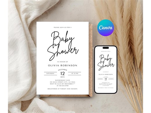 Editable Minimalist Baby Shower Invitation, Canva Template, Minimal Gender Neutral Modern Invite, Classic Boy Girl Printable and Digital - Etsy