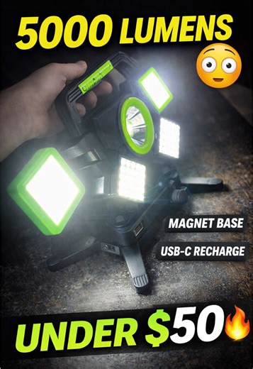 This 5000 Lumen Work Light Under $50 Is INSANE 😳🔦 This 5000 LUMEN rechargeable work light is an absolute beast — and it’s under $50 🔥 USB-C fast charging, a strong magnetic base, and extendable legs make it perfect for working on cars, trucks, garages, job sites, camping, or emergency use. Bright enough to light up an entire workspace without dragging cords around 💡💪 If you need a powerful, portable light that actually works — this is it. #WorkLight #fyp #ToolTok #job #work 5000 lumen work 