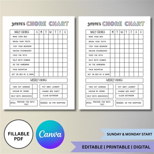 Chore Chart for Kids, Pre-teens Teens, Tweens, Adults, Daily & Weekly Chore Responsibility Chart PDF, Household Chores Schedule for Teenager - Etsy