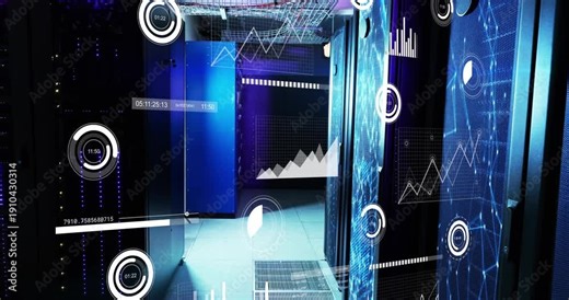 On system poll server aisle showing HUD overlays gauges filling graphs rising showing data flow
