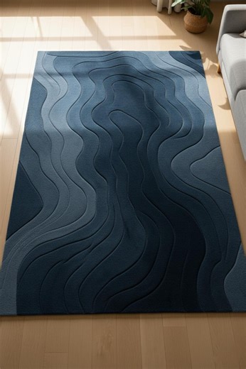 Modern Blue Abstract Area Rug, Hand Tufted Wool Carpet, Contemporary Wave Pattern Rug, Luxury Living Room Bedroom Decor - Etsy