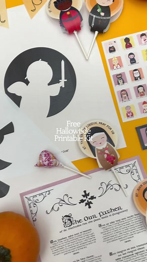 Celebrate Hallowtide- the three days of Halloween, All Saints' Day and All Souls' Day- with our fun and easy free printable feast day kit! Designed to make celebrating Hallowtide fun and faith-focused, this printable kit includes: - 8 different Saint lollipop covers (double as cupcake or cake toppers!) - 5 pumpkin carving templates (including St. Michael the Archangel, and traditional Christian symbols for All Saints and All Souls) - 6 prayer sheets (Litany of the Saints, a special Our Father fo