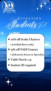 Hey students! Take a break this Spring Break and dive into adventure with Aaron’s Dive Shop! 🌊 ✨ 20% off Scuba Charters (certified divers only) ✨ 15% off PADI Courses (Advanced, Rescue & Specialty) 📅 March 1-31 | 🎓 Student ID required Book now! 📍 📞 808-262-2333 🌐 www.aaronsdiveshop.com | Aaron's Dive Shop