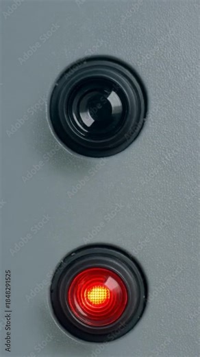 Green and Red LED Status Indicators Illuminating on Industrial Control Panel, Vertical Close Up System Check