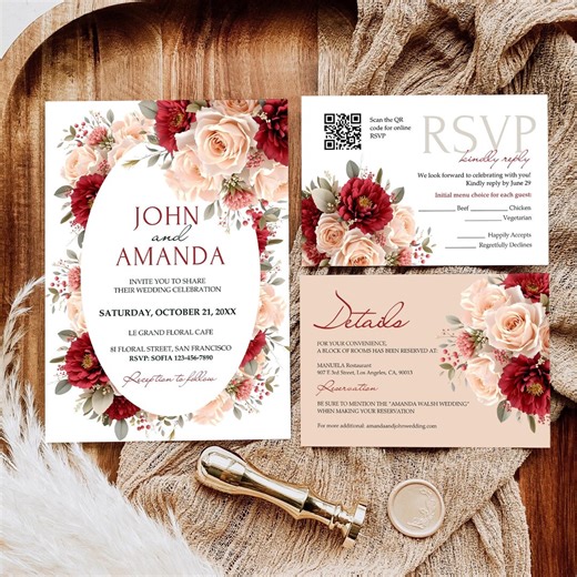 Red Blush Floral Wedding Invitation, Elegant Burgundy and Cream Roses Wedding Invite Floral Wedding Card, Classic Wedding Ivory - Etsy