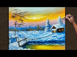 Acrylic Winter Landscape Painting Time-lapse / Snowy Sunset with Cabin