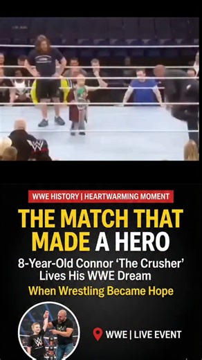 An incredible heartwarming story from WWE history: 😢💔 8-year-old Connor "The Crusher" Michalek, fighting terminal brain cancer, had one dream—to wrestle his idol Triple H in the ring! 🥊👦 Just months before passing in 2014, WWE made it happen at a live event. Triple H let little Connor deliver punches, suplexes, and even "win" the match as 15,000 fans chanted his name! 🔥🥹 This video melts hearts every time—proof that heroes exist beyond the ring. Share if it touched you! ❤️ #WWE #TripleH #M